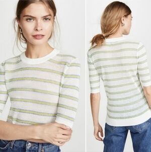 Vernonica Beard Ivory Striped Retro Dean Short Sleeve Linen Blend Top